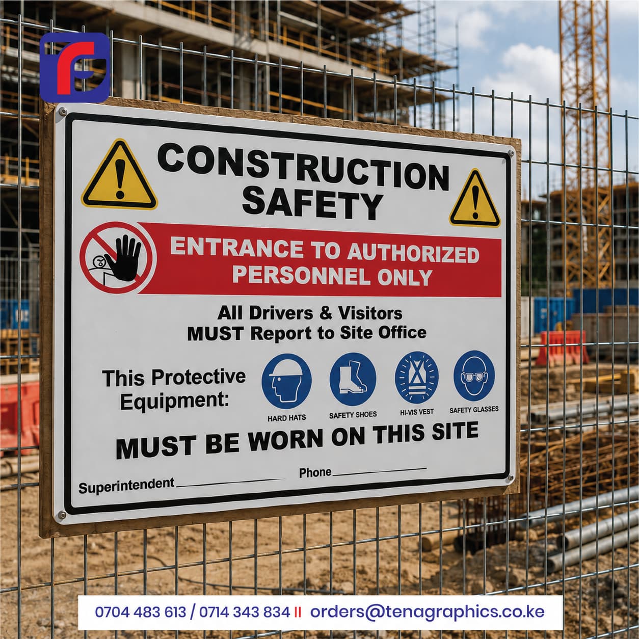 Custom printed multi-hazard construction site safety compliance signboard mounted on a wire fence at an active building site with a crane backdrop by Tena Graphics EA Ltd in Nairobi, Kenya.