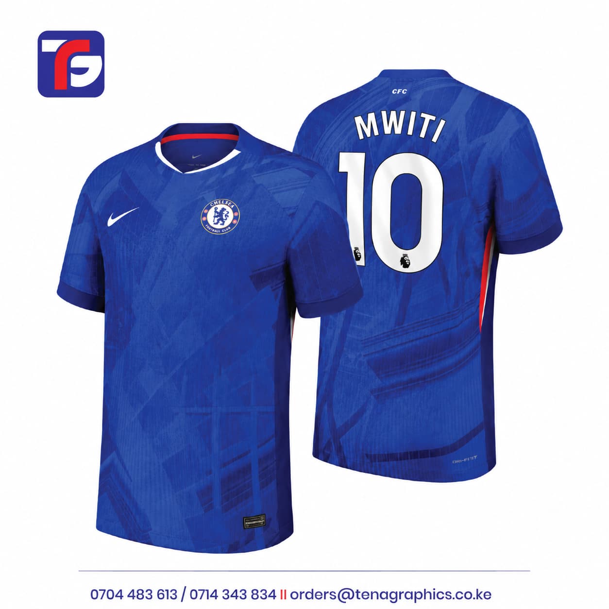 Generic Custom printed royal blue Chelsea home team football jersey featuring personalized name MWITI and number 10 back print alongside the front view with the official club crest by Tena Graphics EA Ltd in Nairobi, Kenya