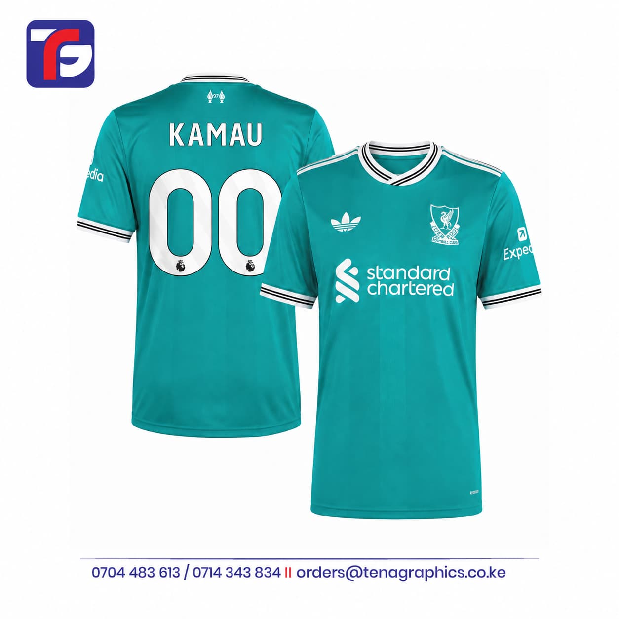 Generic Custom printed teal green Liverpool football jersey featuring personalized name KAMAU and number 00 back print alongside the front view with official Standard Chartered branding by Tena Graphics EA Ltd in Nairobi, Kenya
