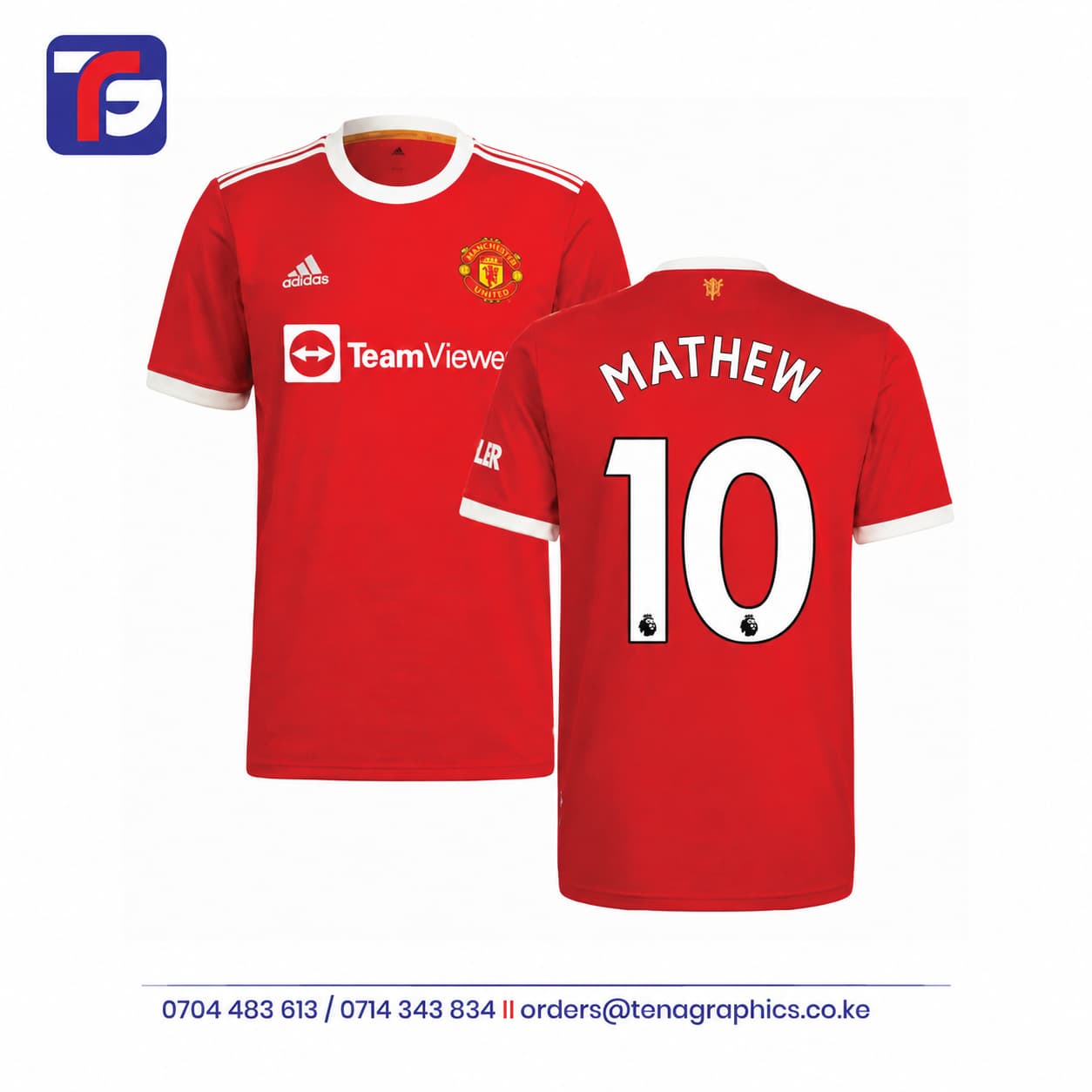 Generic Custom printed red Manchester United home team football jersey featuring personalized name MATHEW and number 10 back print alongside front view with official TeamViewer branding by Tena Graphics EA Ltd in Nairobi, Kenya.