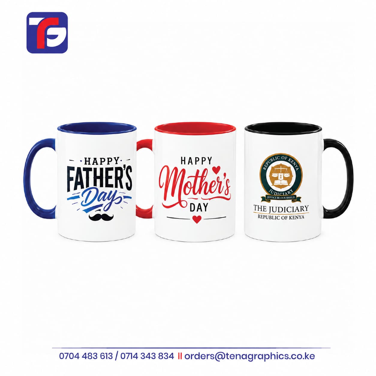 Grid of custom printed two-tone mugs in blue, red, and black finishes showcasing Father's Day layouts, Mother's Day themes, and the official Judiciary Republic of Kenya crest by Tena Graphics EA Ltd in Nairobi, Kenya