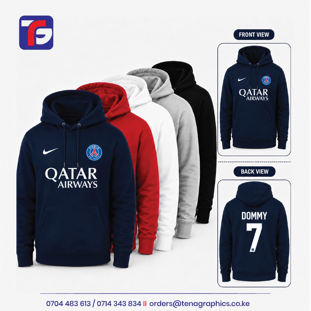 Grid of custom printed PSG hoodie jerseys in navy blue, red, white, grey, and black showcasing the front view with Qatar Airways branding and a back view personalized with name DOMMY and number 7 by Tena Graphics EA Ltd in Nairobi, Kenya