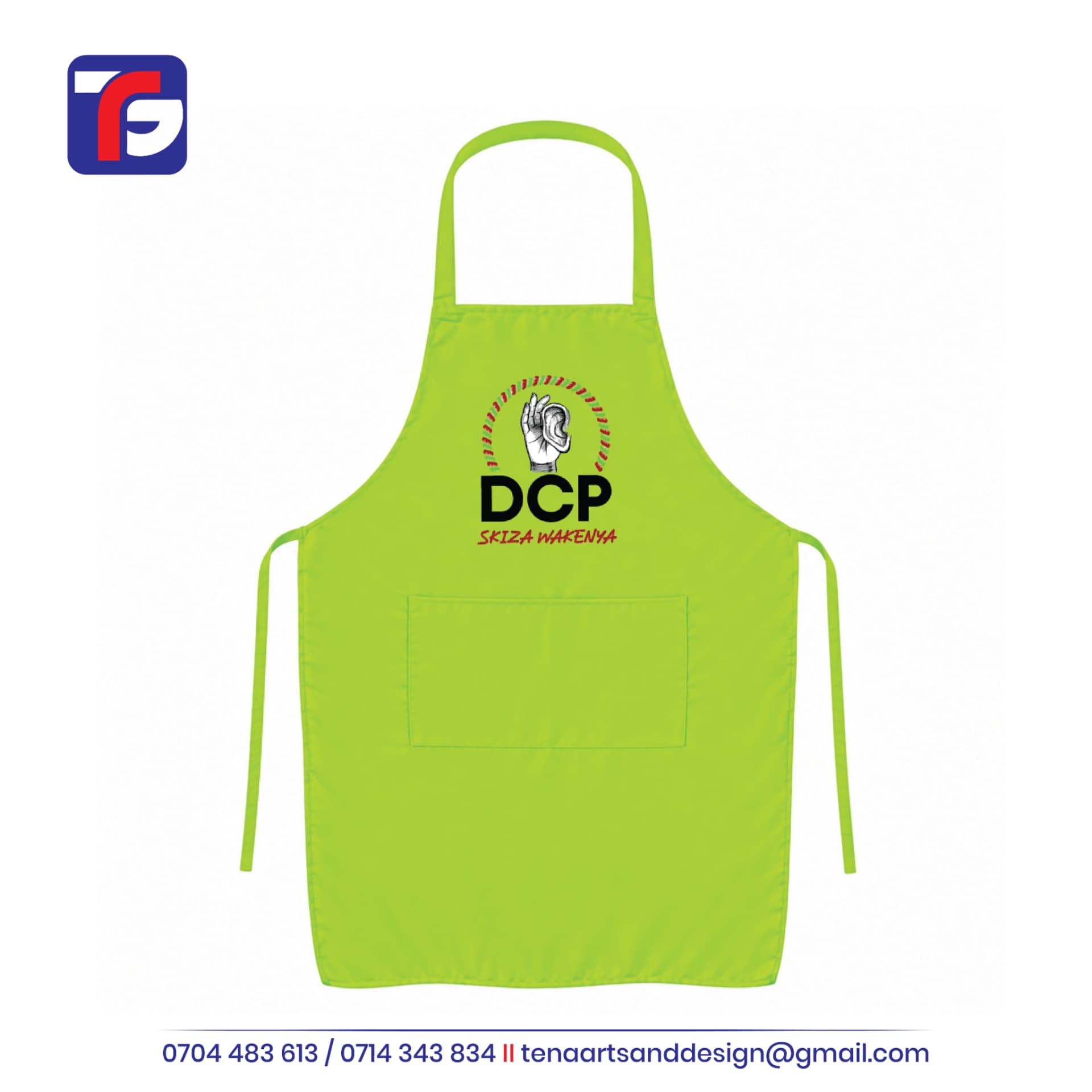 Lime green DCP branded apron with hand-and-ear logo, red SKIZA WAKENYA wording, neck loop, waist ties and front pocket.