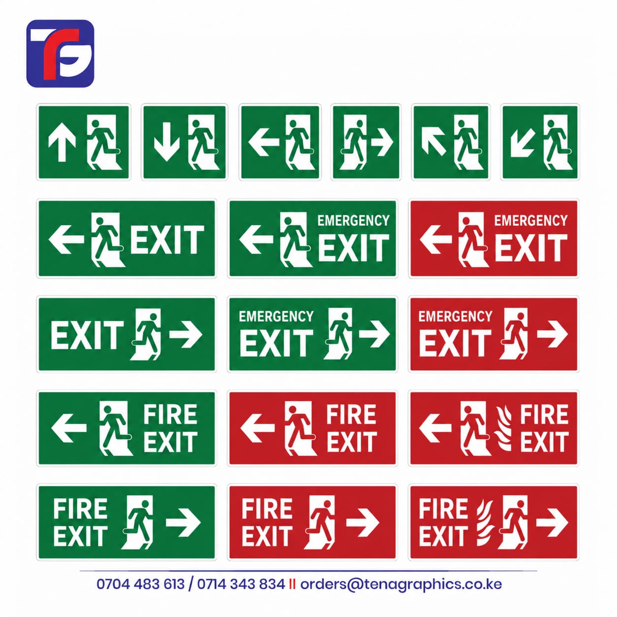 Matrix grid of green and red emergency fire exit directional signs measuring 25cm by 16cm with universal running man graphics and navigation arrows, manufactured by Tena Graphics EA Ltd in Nairobi, Kenya.