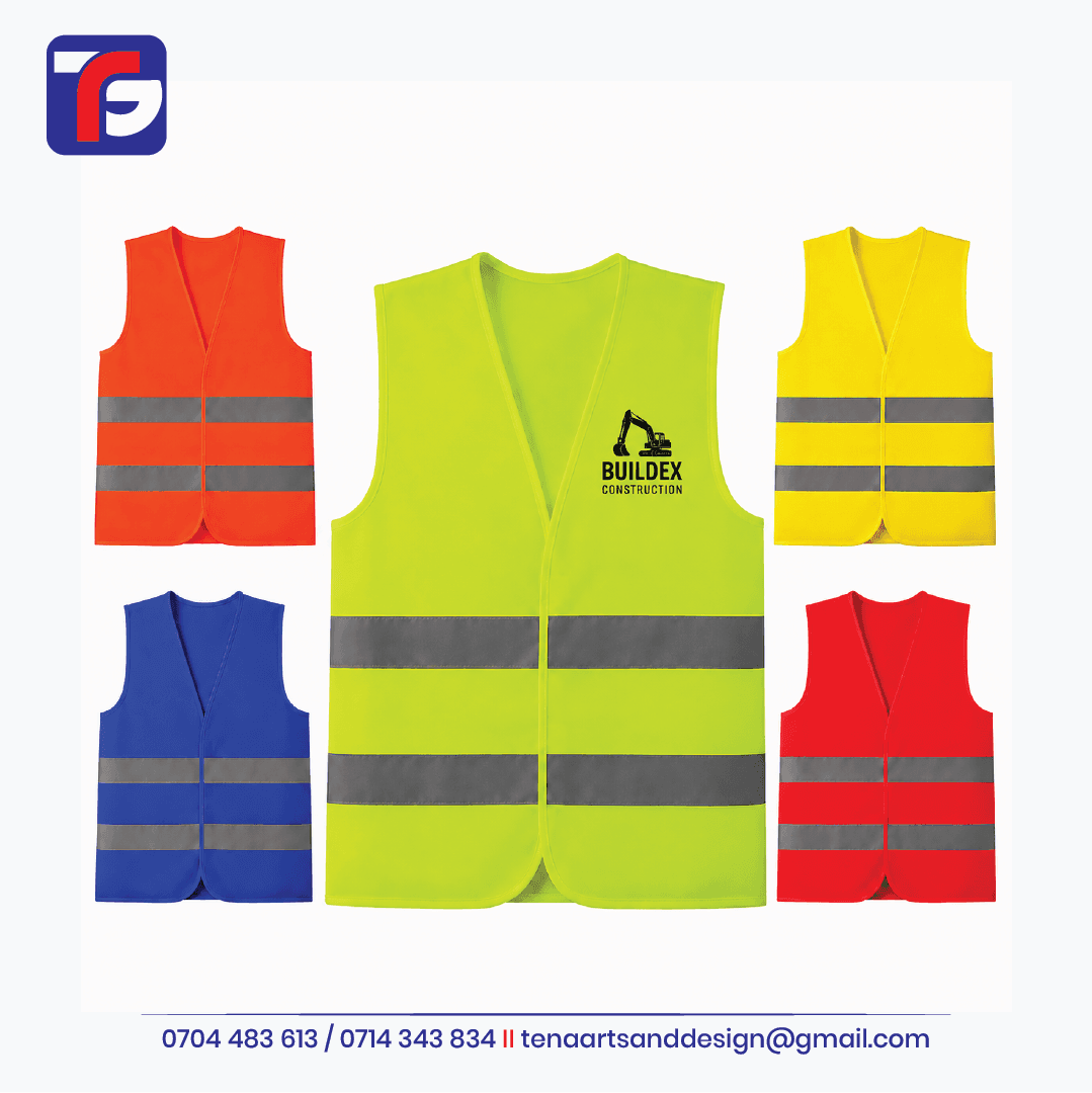 100gsm reflector vest in lime yellow with Buildex Construction branding, alongside orange, yellow, blue and red examples.