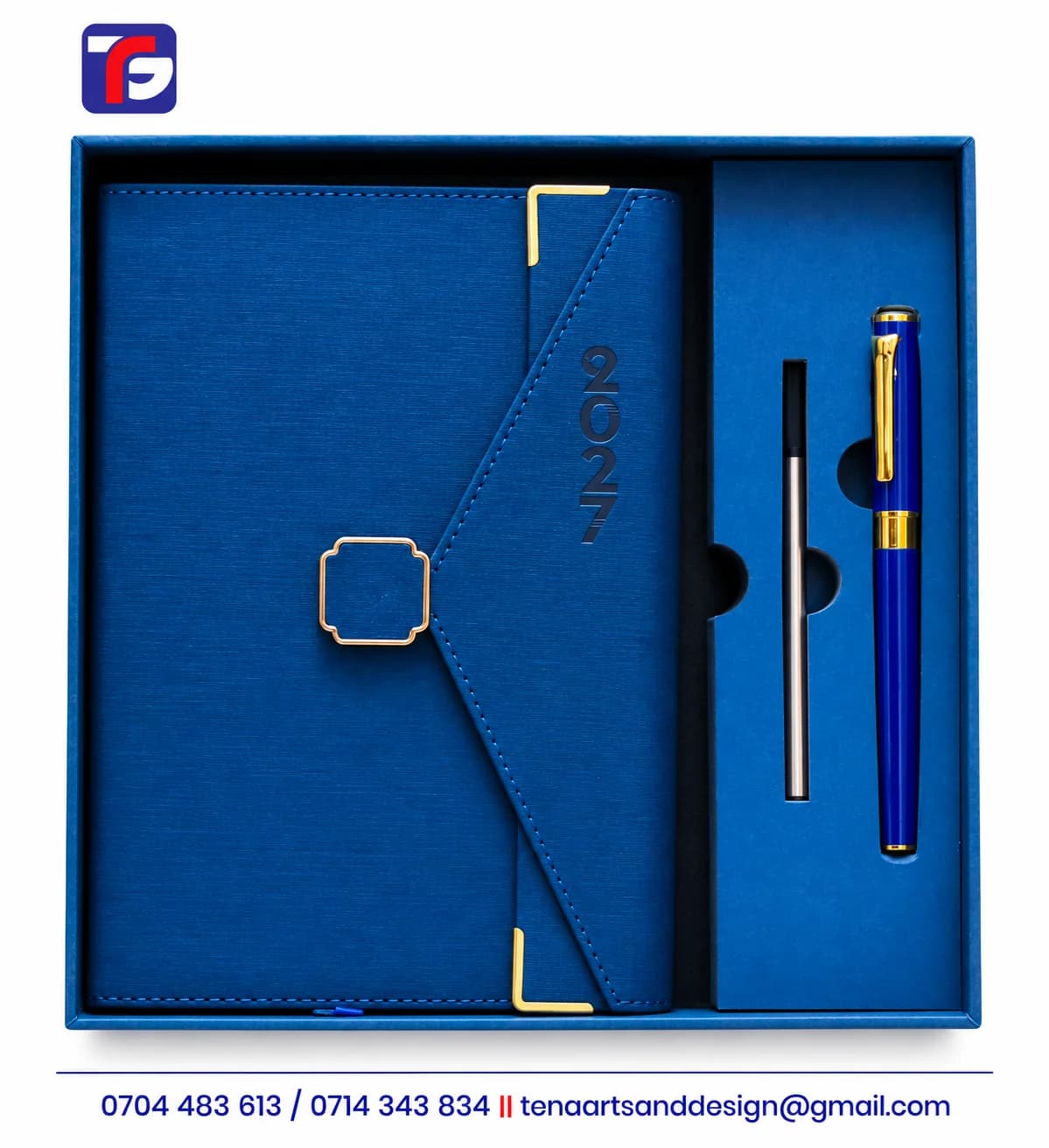 Blue 2027 diary and pen gift set with gold-coloured detailing in a matching presentation box