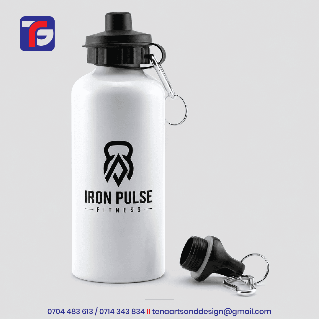 450ml branded water bottle Kenya with Iron Pulse Fitness logo, black spout lid and silver carrying clip.