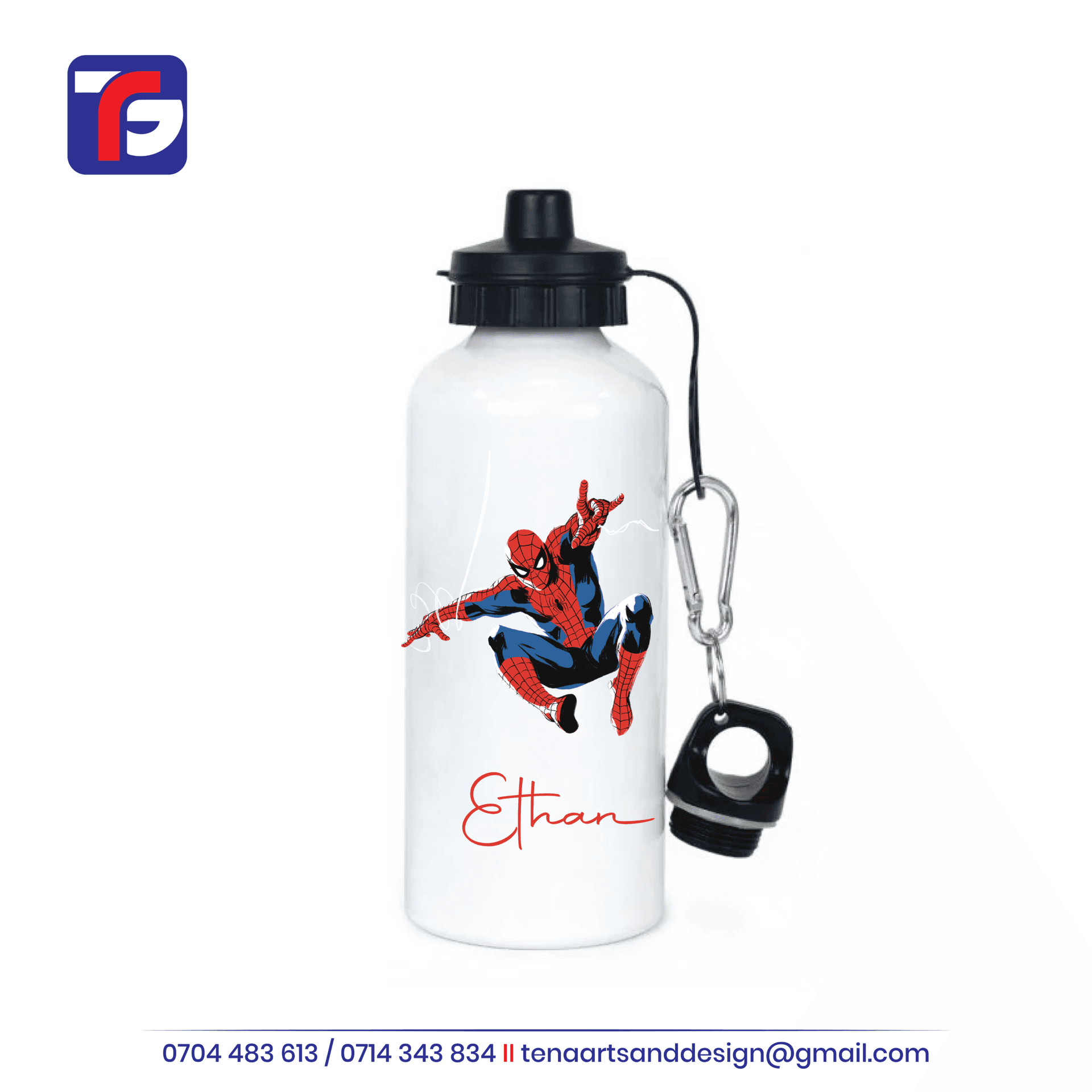 Personalised 450ml Spiderman kids water bottle with the name Ethan, a black spout lid and carrying clip.