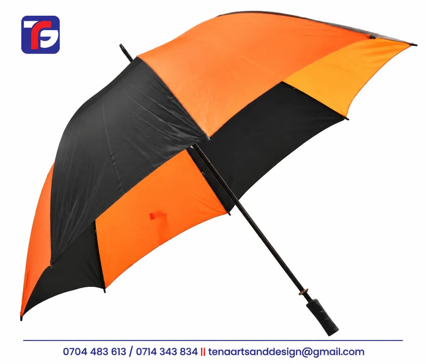 Branded 8 panel umbrella model with alternating black and orange panels, a straight black shaft and moulded handle