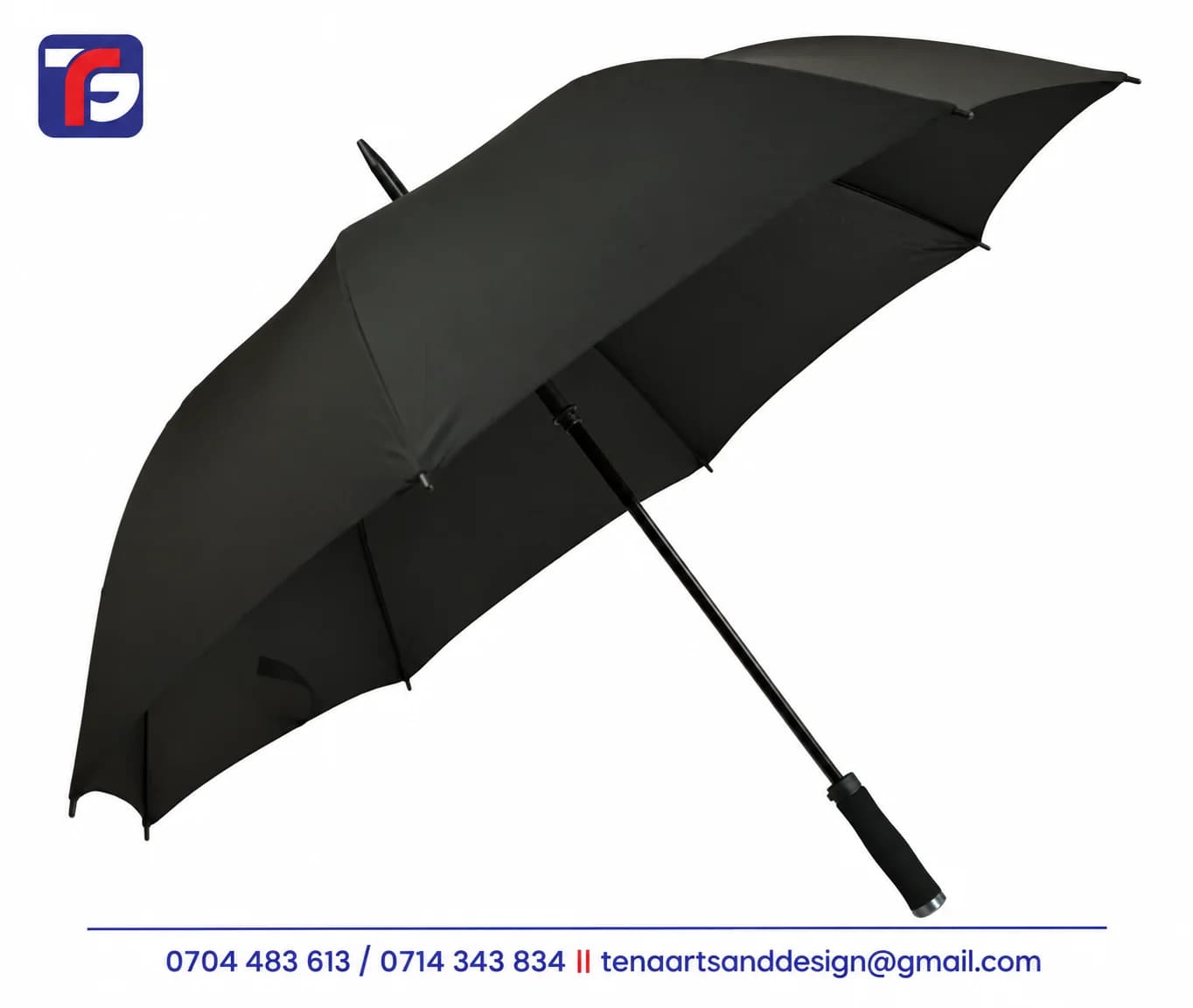 Single colour 8 panel umbrella in black with a straight shaft and EVA handle, shown open before logo branding