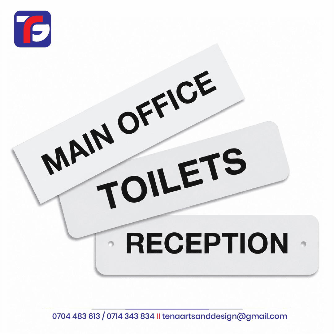 Amenity Name Signage Kenya with white room plates labelled Main Office, Toilets and Reception in black lettering