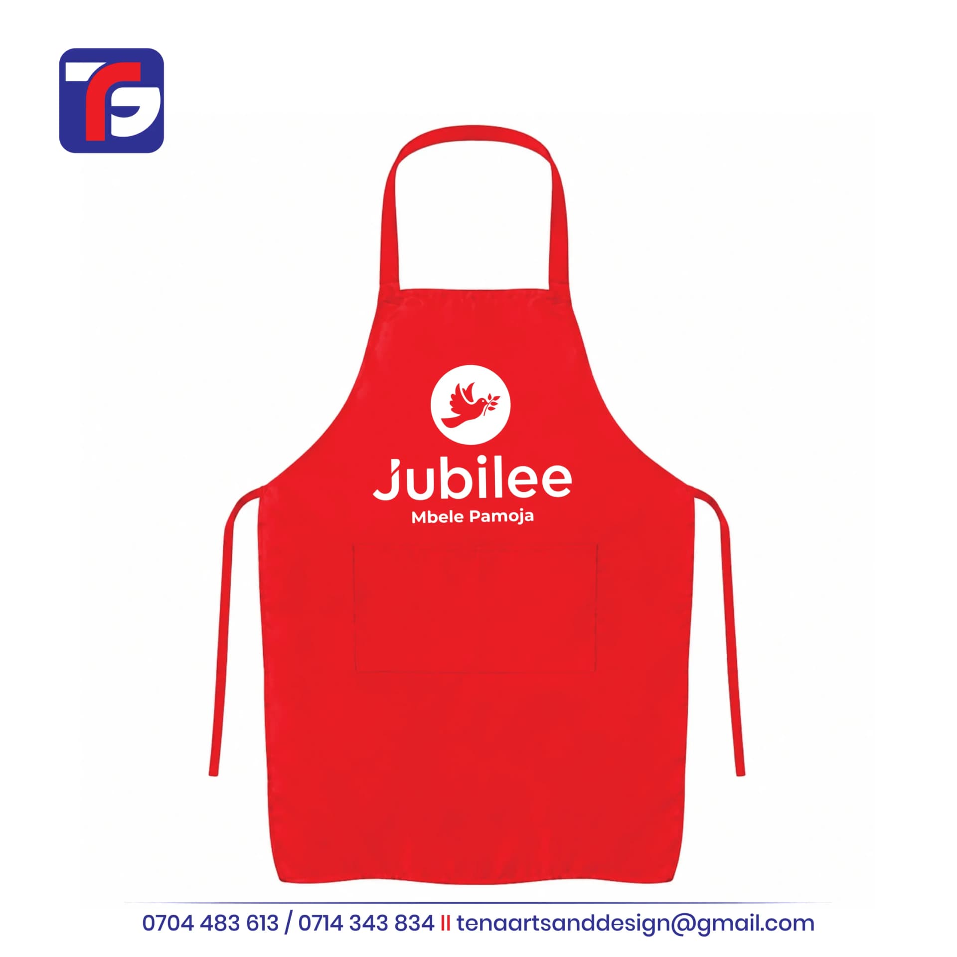 Red Jubilee branded apron with white dove logo, Mbele Pamoja wording, matching neck loop, waist ties and front pocket.