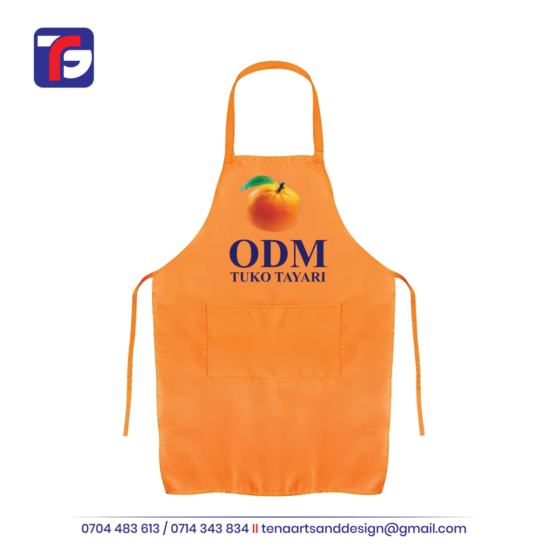 Orange ODM branded apron with fruit emblem, navy TUKO TAYARI lettering, matching neck loop, waist ties and front pocket.