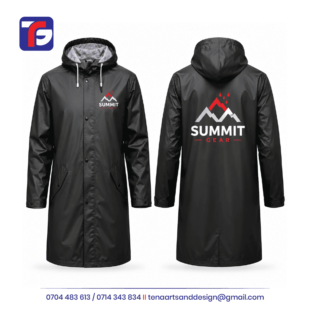 Branded black raincoat shown front and back with a drawstring hood, angled flap pockets and Summit Gear logos.