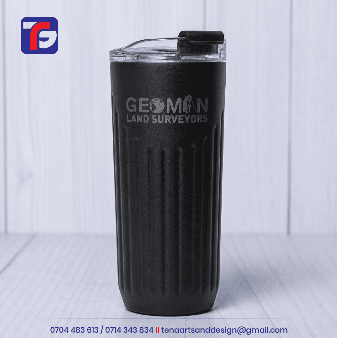 Black ribbed tumbler with grey GEOMAN Land Surveyors branding, a clear lid and a black drinking closure.