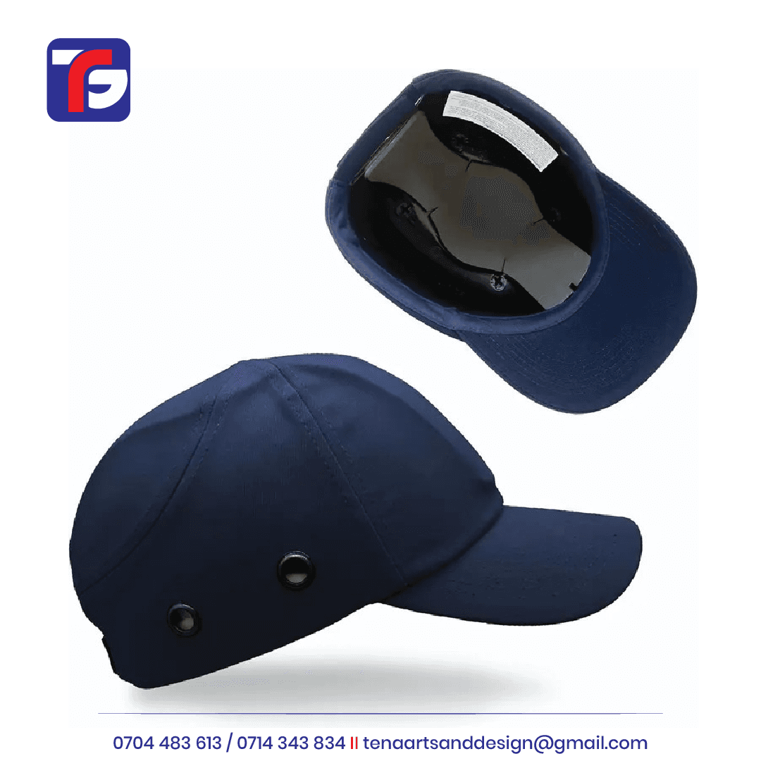 Navy-blue safety bump cap shown from the side and underneath, revealing its internal rigid insert and side eyelets.
