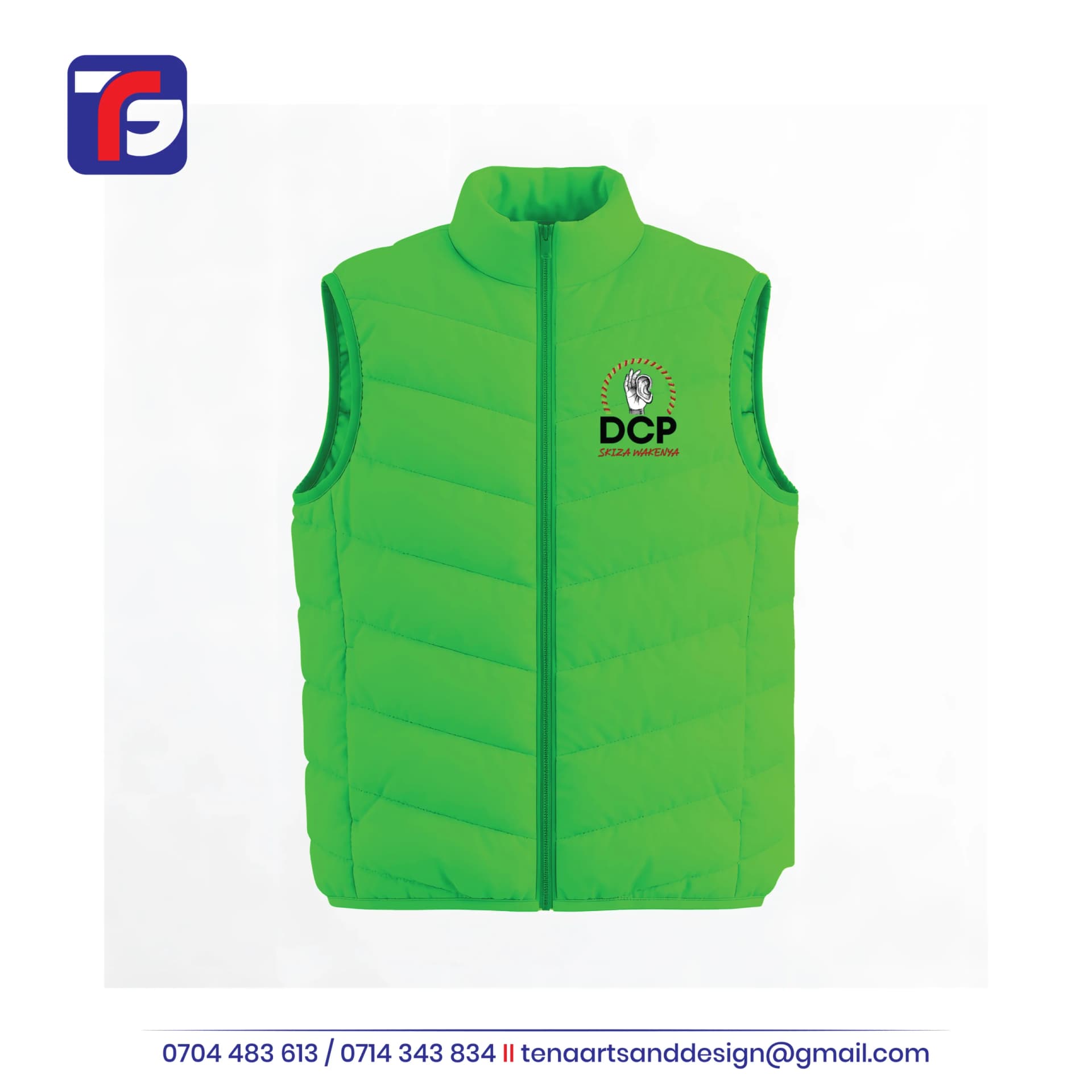 Green sleeveless DCP bomber jacket with quilted panels, raised collar, front zip and red SKIZA WAKENYA chest wording.