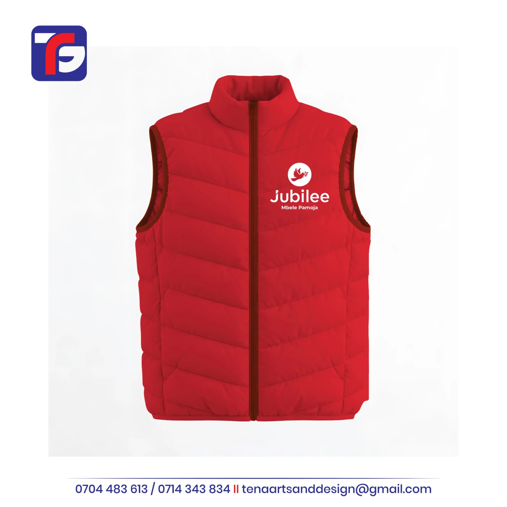Red sleeveless Jubilee bomber jacket with quilted panels, raised collar, front zip and white Mbele Pamoja chest branding.