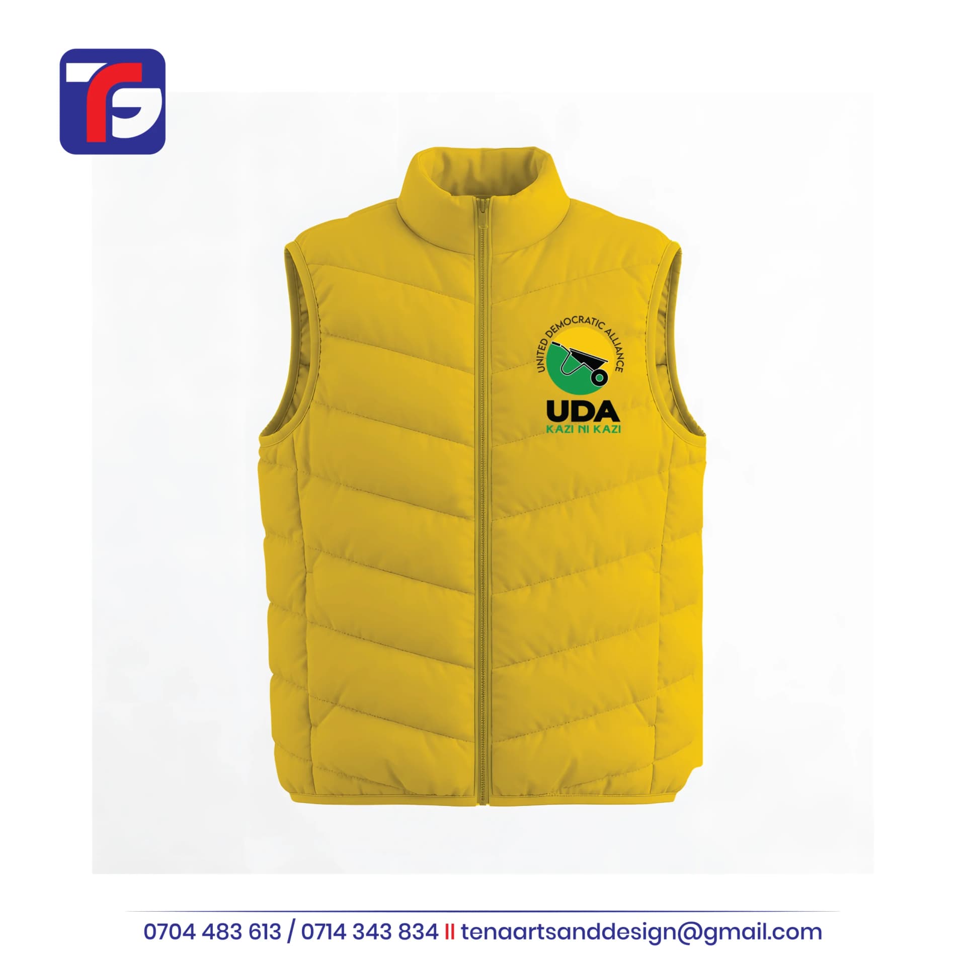 Yellow sleeveless UDA bomber jacket with quilted panels, raised collar, front zip and wheelbarrow chest branding.