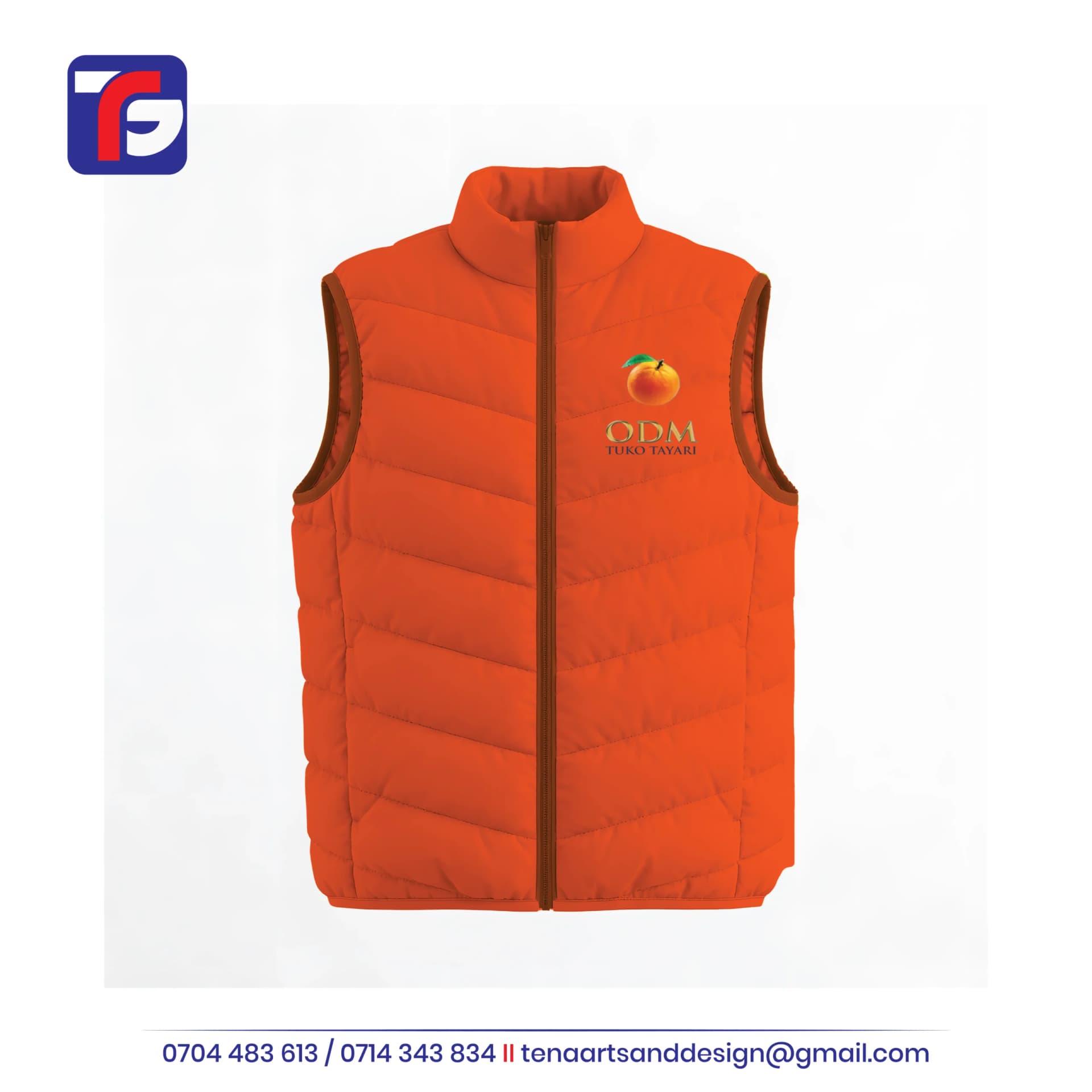 Orange sleeveless ODM bomber jacket with quilted panels, raised collar, front zip and TUKO TAYARI chest branding.