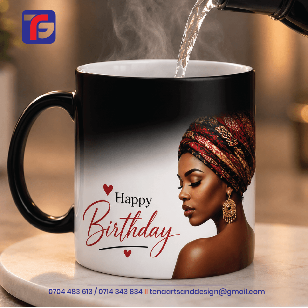 Birthday magic mug revealing an African queen portrait, red hearts and Happy Birthday lettering as steaming water is poured inside.