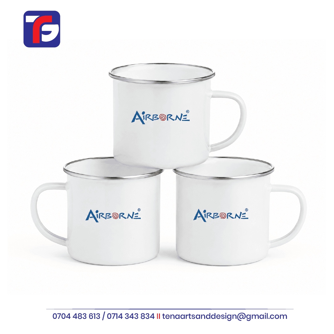 Branded metal mugs in white with silver-coloured rims, curved handles and blue and red Airborne logos.