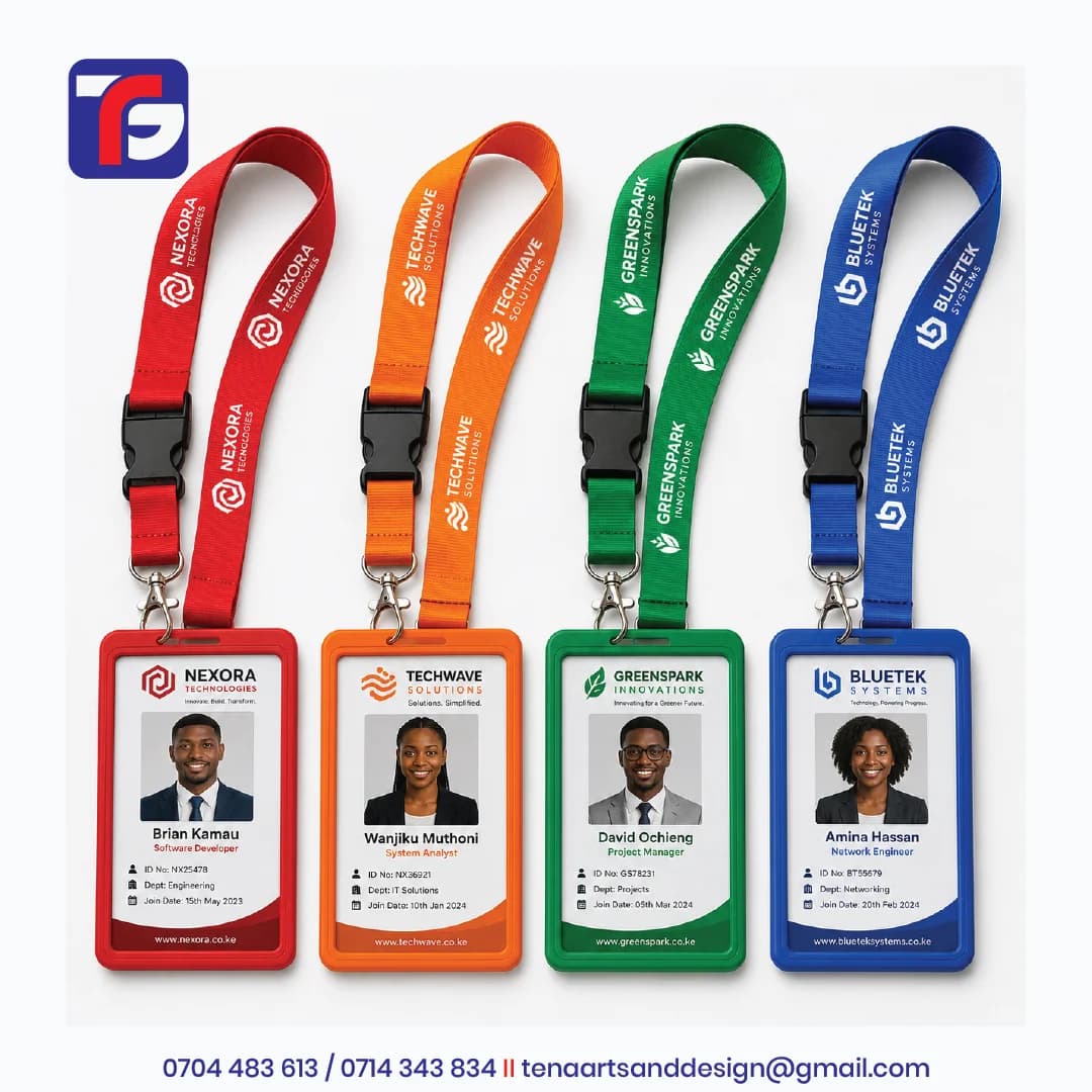 Four branded staff ID tags with employee photos, matching red, orange, green and blue holders, and company-logo lanyards.