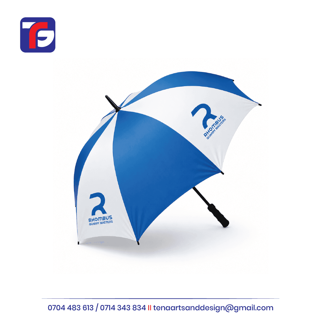 Blue and white branded umbrella with Rhombus Quarry Masters logos on white panels, a black shaft and straight grip handle.