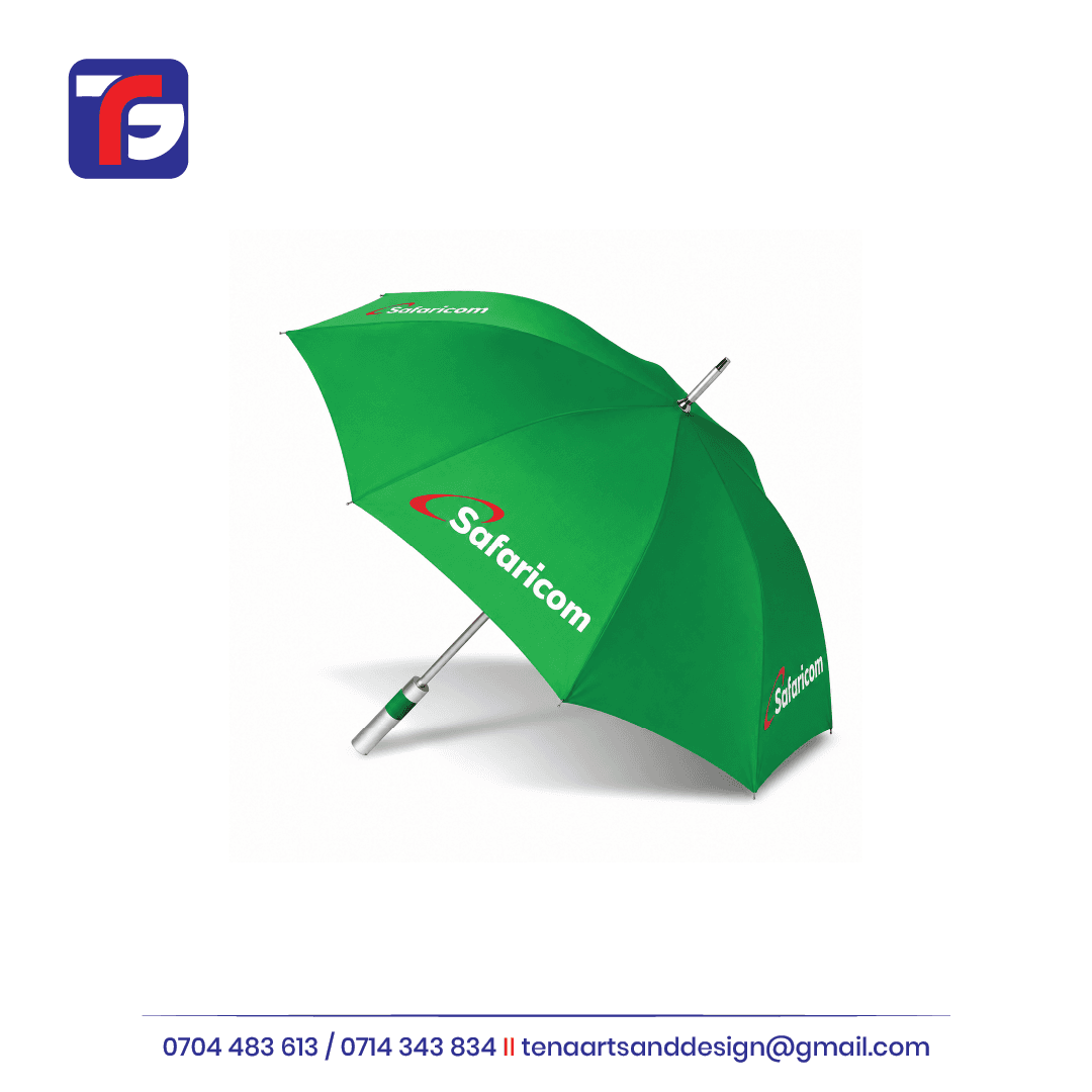 Green branded umbrella with white and red Safaricom logos, a silver-toned shaft and straight handle with a green band.