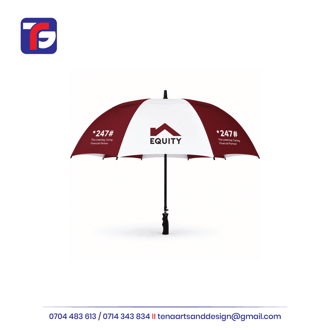 Maroon and white branded umbrella with an Equity logo, white *247# wording, black shaft and shaped straight handle.