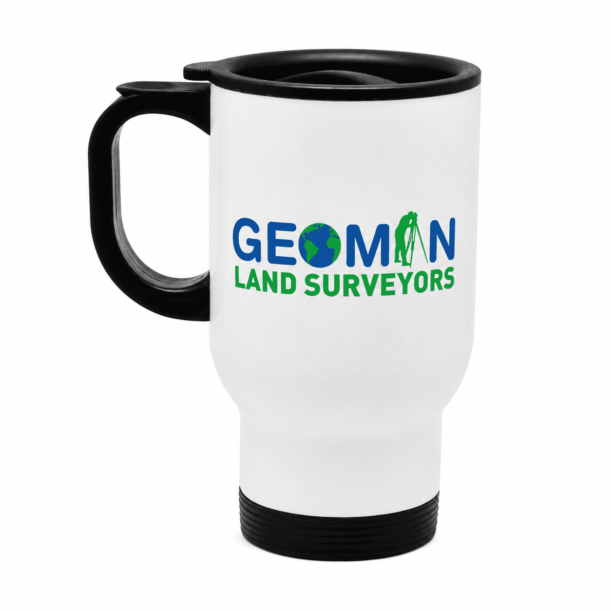 Branded thermal travel mug Kenya with Geoman Land Surveyors logo, white body, black handle and lid.