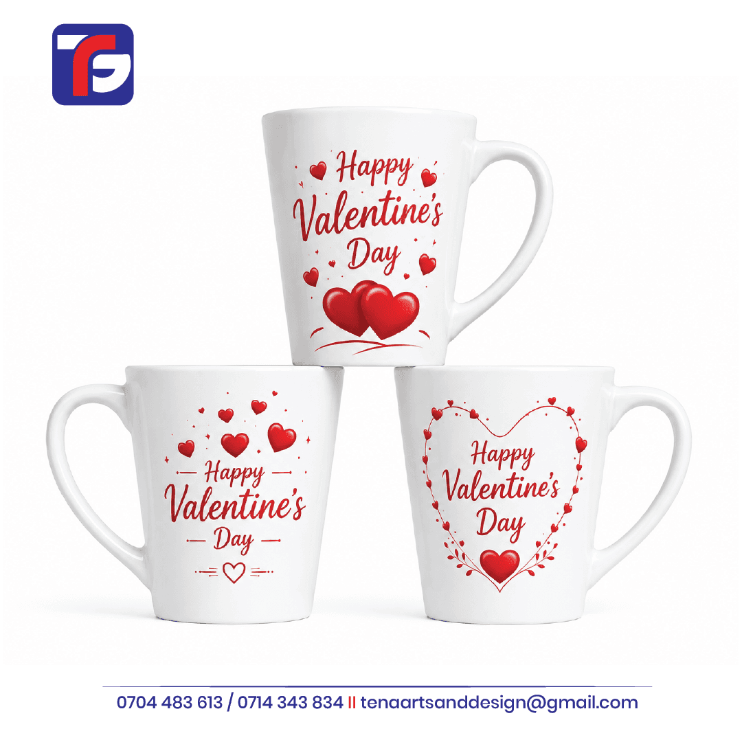Valentine’s Day conical mugs in white with three red Happy Valentine’s Day designs featuring hearts and curved handles.