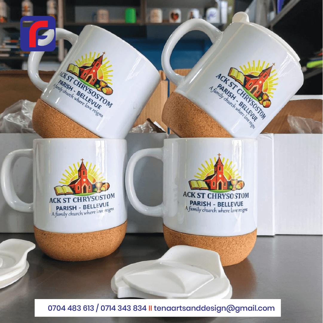 Church branded cork mug selection in white with brown cork bases and ACK St Chrysostom Parish Bellevue artwork, with white lids shown.