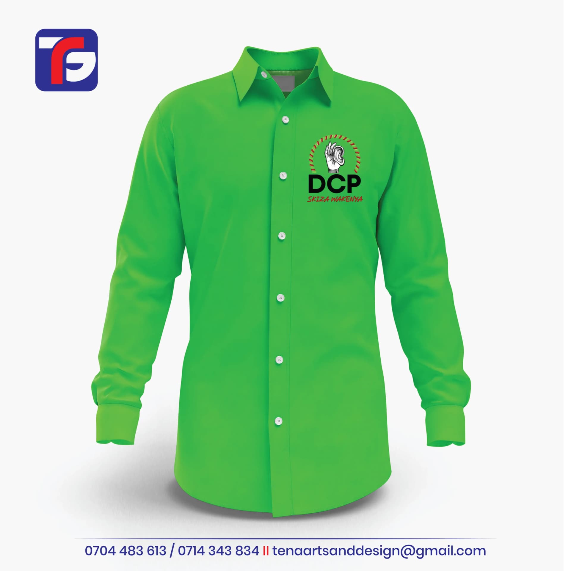 Green DCP corporate shirt with long sleeves, white buttons, hand-and-ear chest emblem and red SKIZA WAKENYA wording.