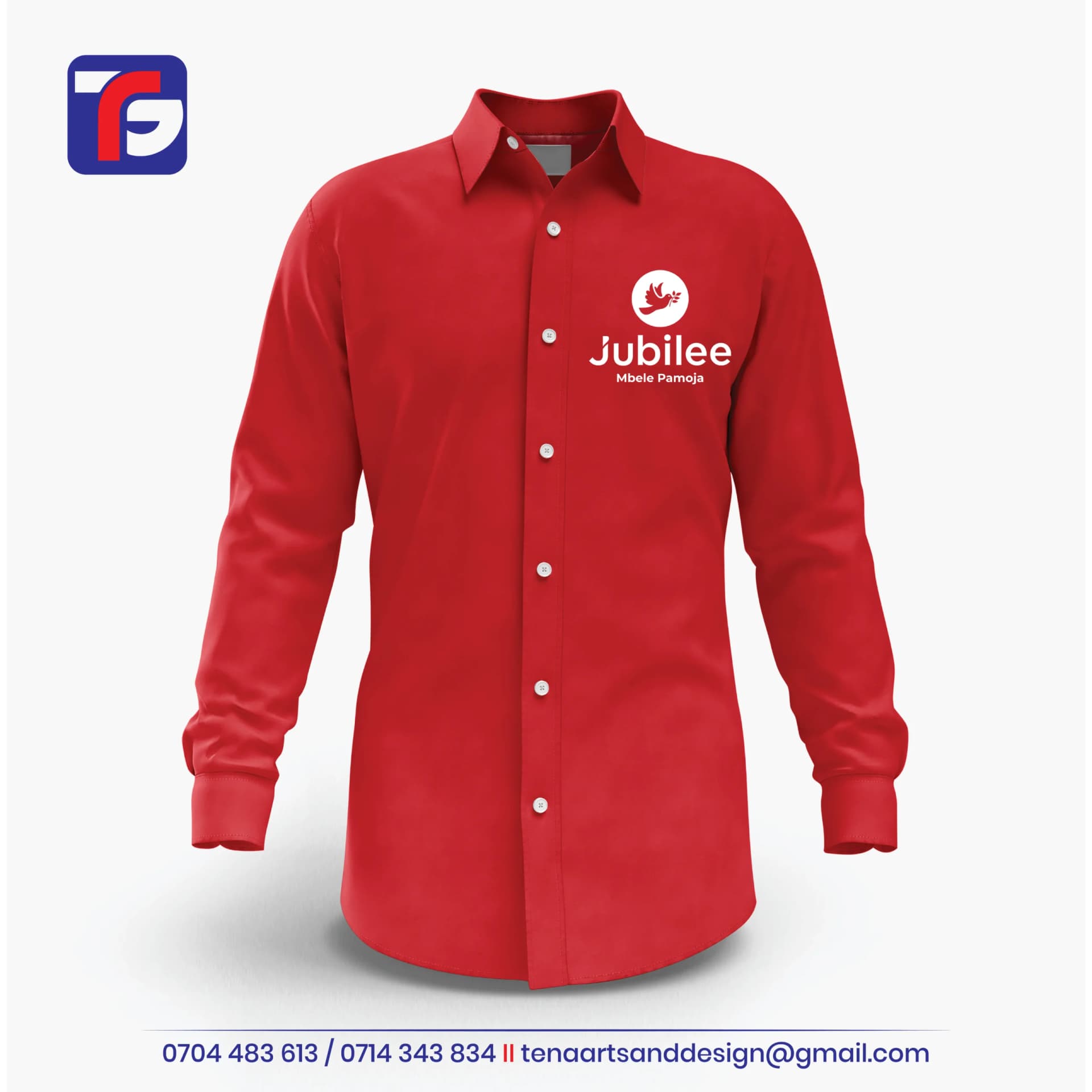 Red Jubilee corporate shirt with long sleeves, white buttons, dove emblem and Mbele Pamoja left-chest wording.