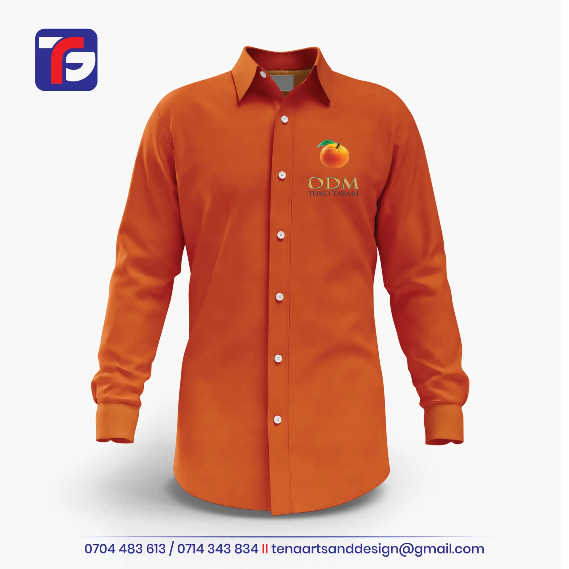 Orange ODM corporate shirt with long sleeves, white front buttons, pointed collar and TUKO TAYARI chest branding.