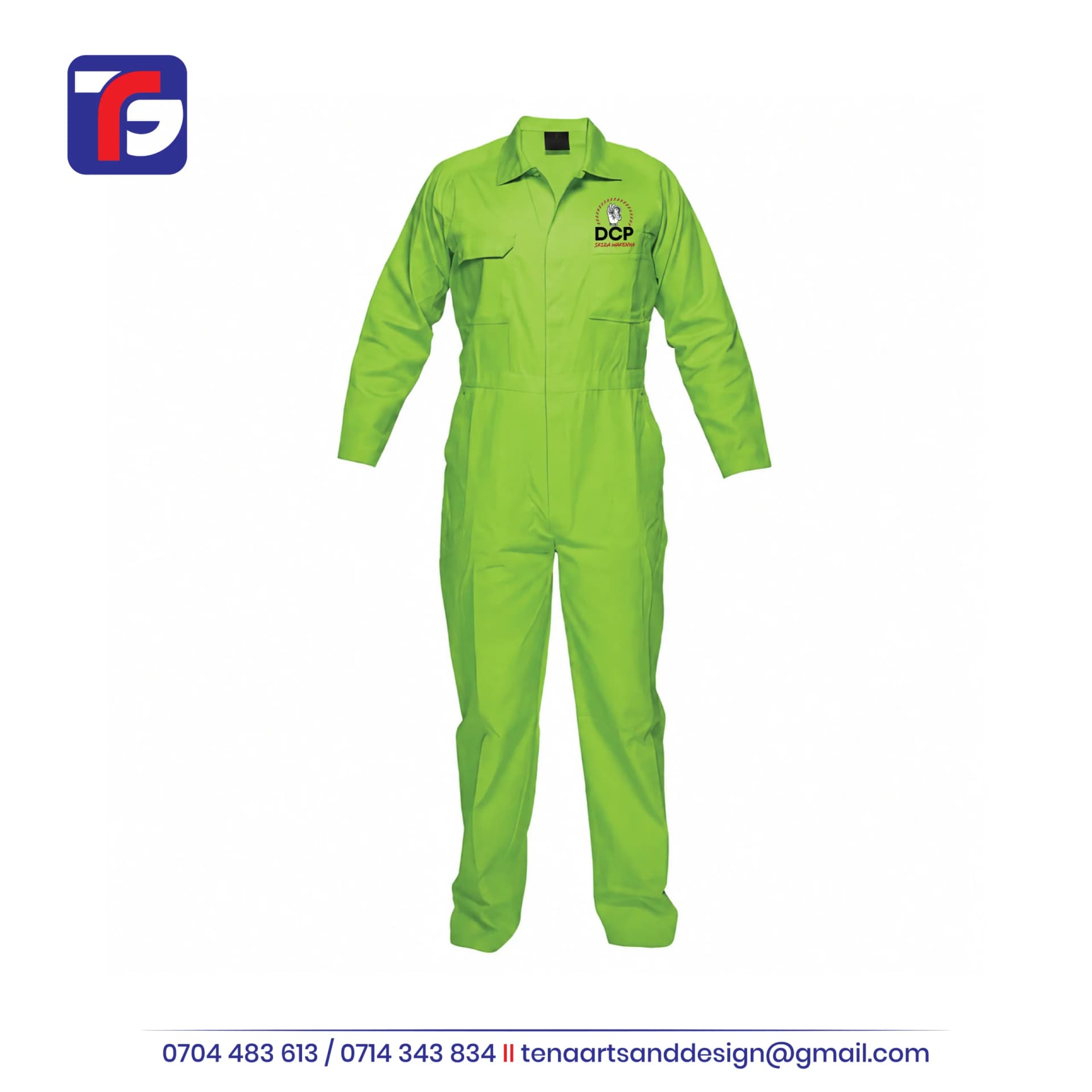 Lime green DCP branded overalls with long sleeves, chest pockets, full-length legs and SKIZA WAKENYA logo artwork.