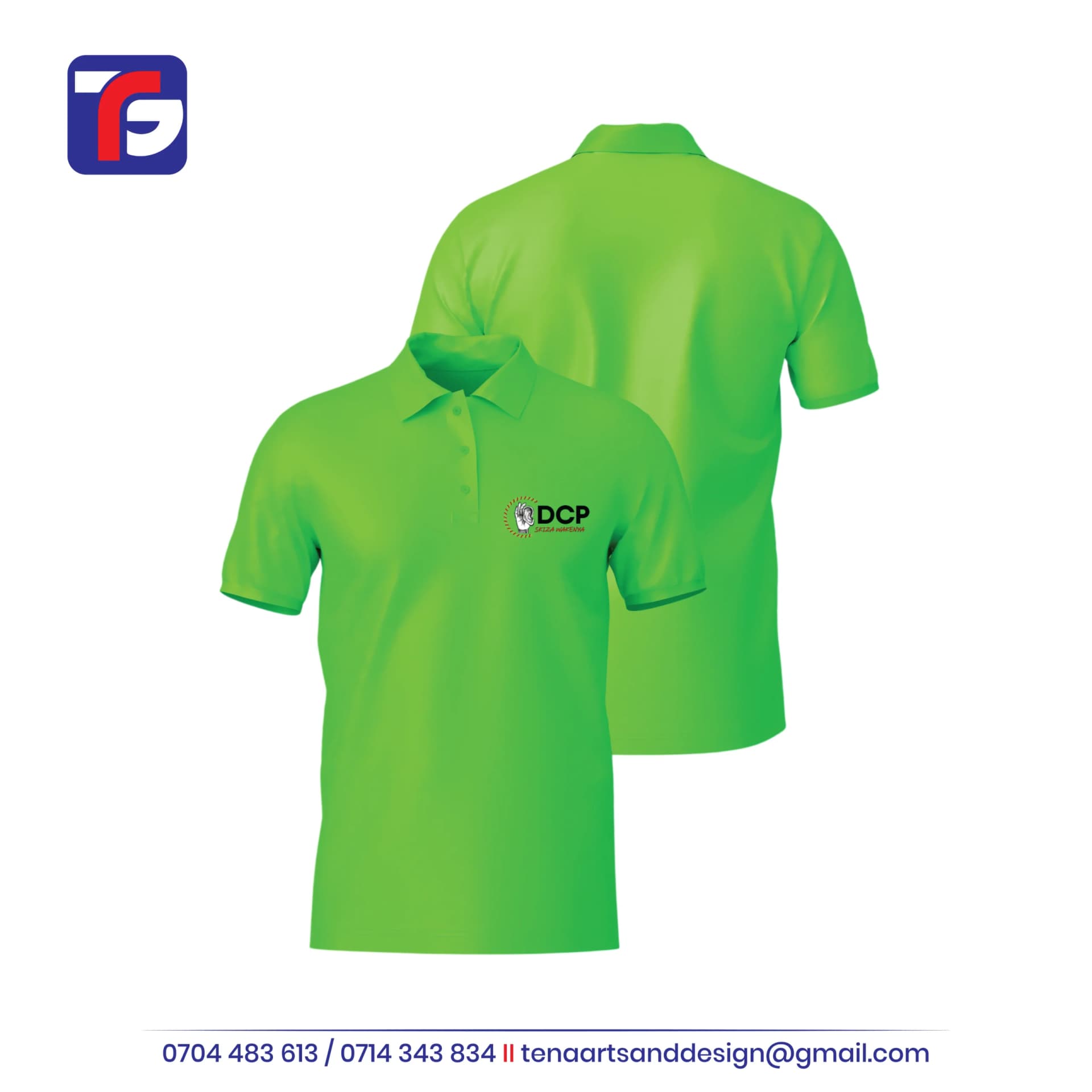 Front and back views of a green DCP polo shirt with short sleeves, three-button collar and left-chest logo.