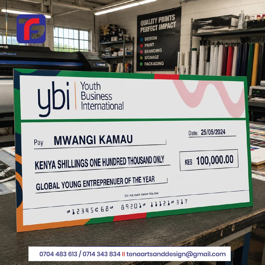 Giant dummy cheque with Youth Business International branding, Mwangi Kamau recipient name and KES 100,000 presentation amount.