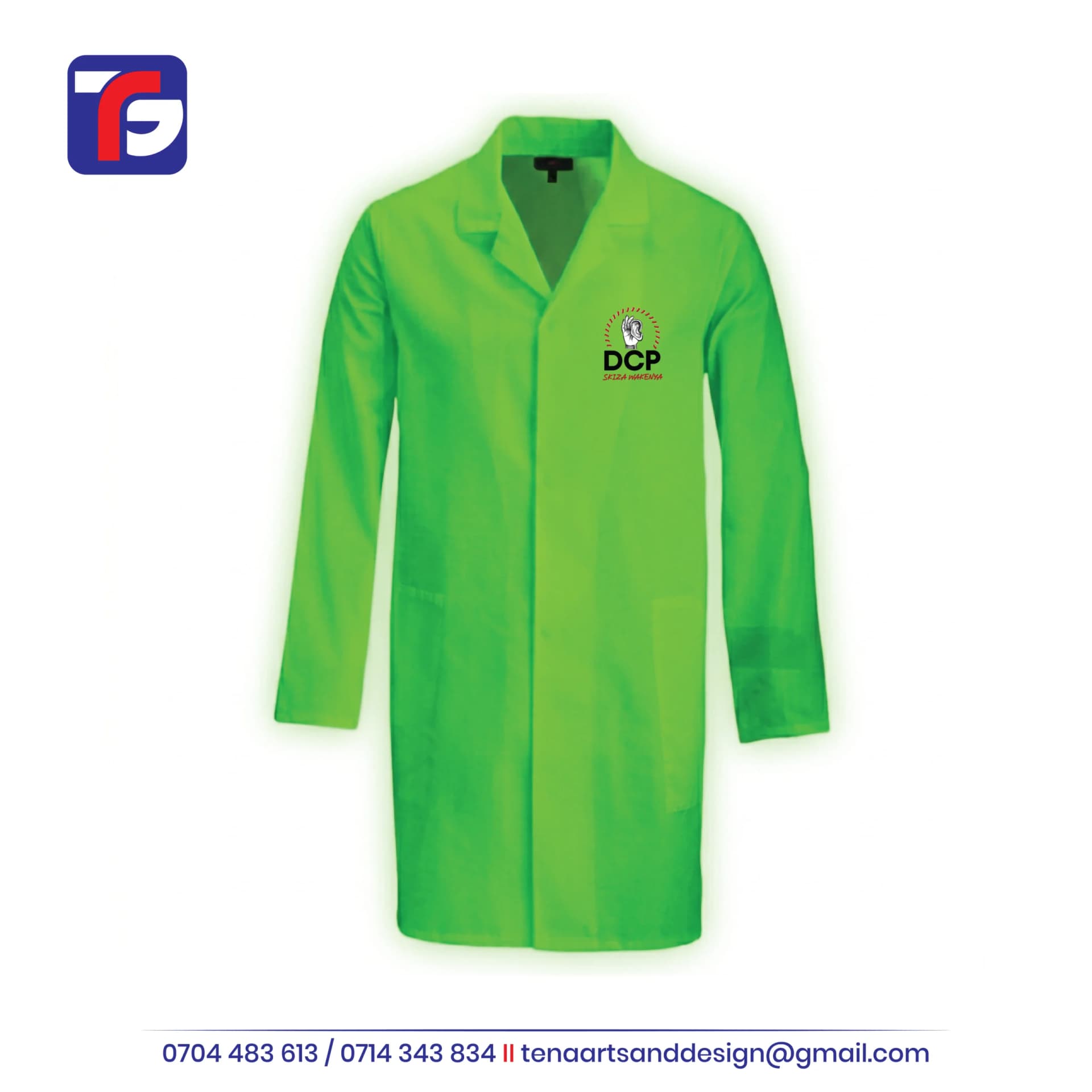 Green DCP dustcoat with long sleeves, lapel collar, two lower pockets and Skiza Wakenya logo branding on the left chest.