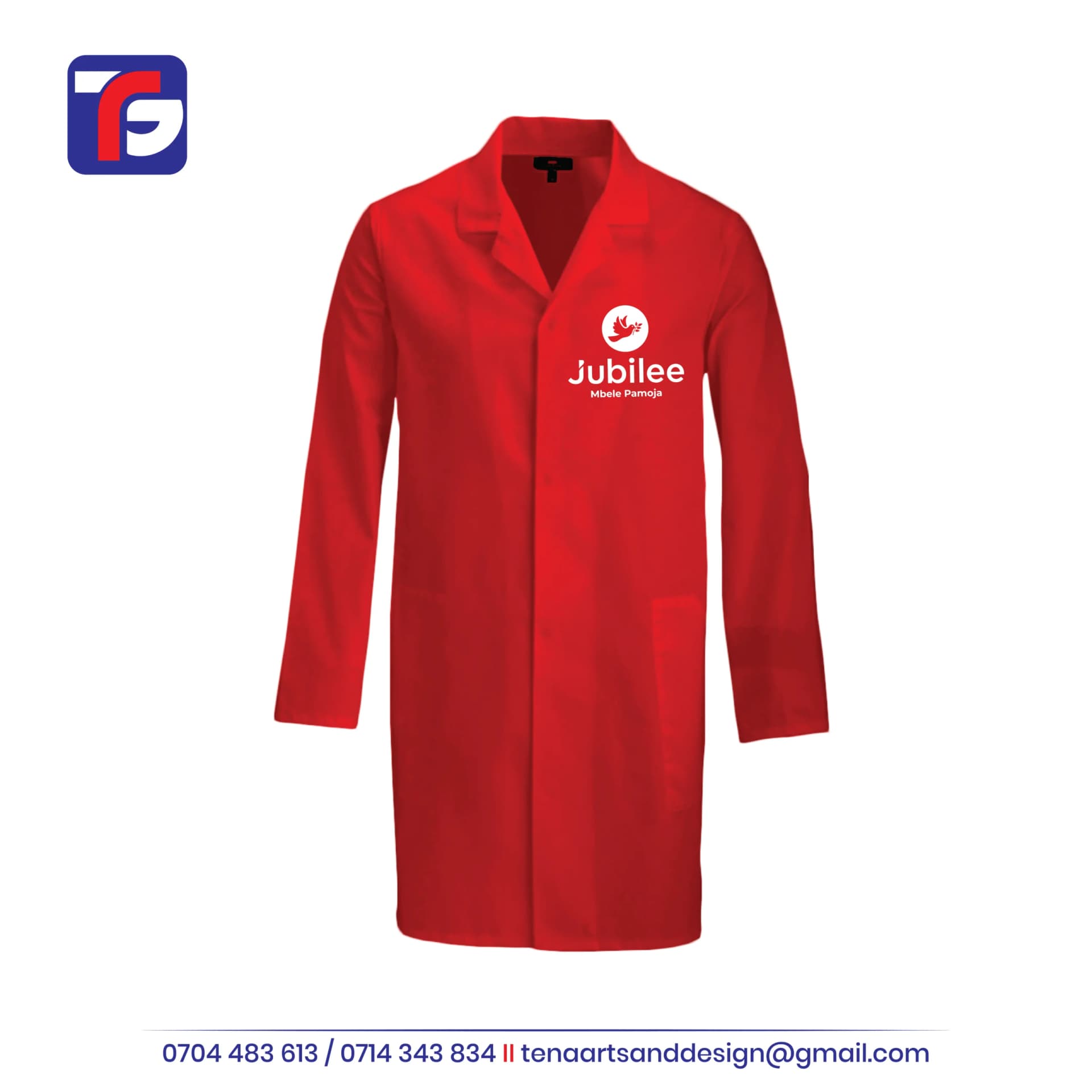 Red Jubilee dustcoat with long sleeves, lapel collar, lower patch pockets and white Mbele Pamoja chest branding.
