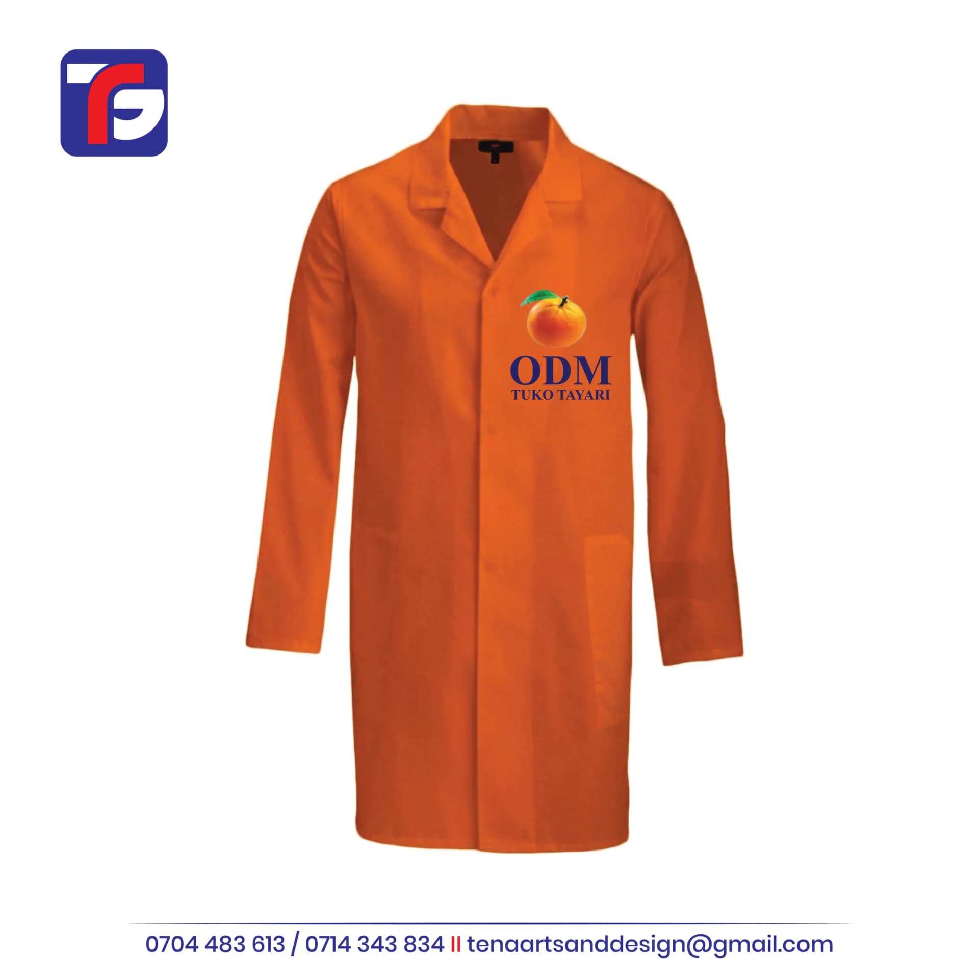 Orange ODM dustcoat with long sleeves, lapel collar, two lower pockets and Tuko Tayari chest branding.