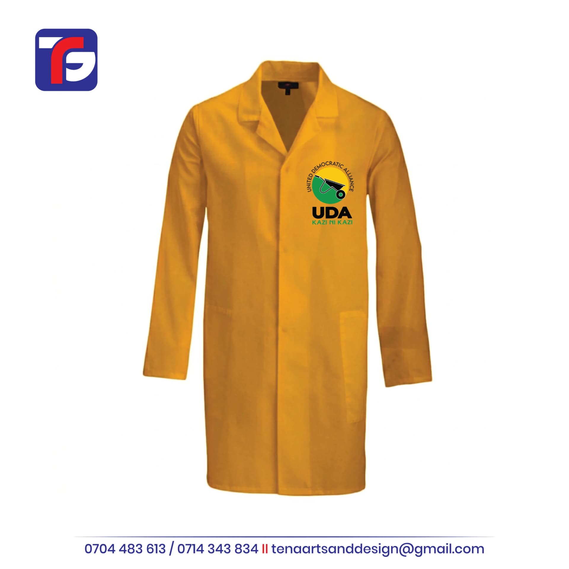 Yellow UDA dustcoat with long sleeves, a lapel collar, two lower pockets and wheelbarrow logo branding on the left chest.