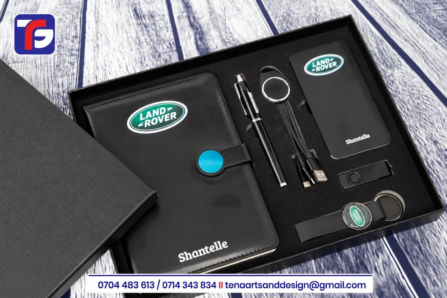 Executive tech gift set Kenya with black notebook, pen, power bank, keyholder, flash disk and USB cable