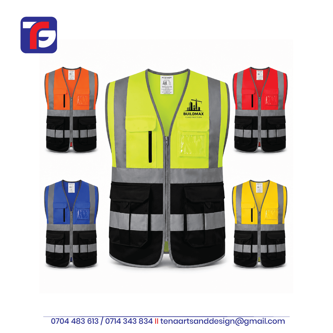 Executive reflective jacket with coloured upper panels, black lower pockets, reflective strips, front zip and transparent ID holder.