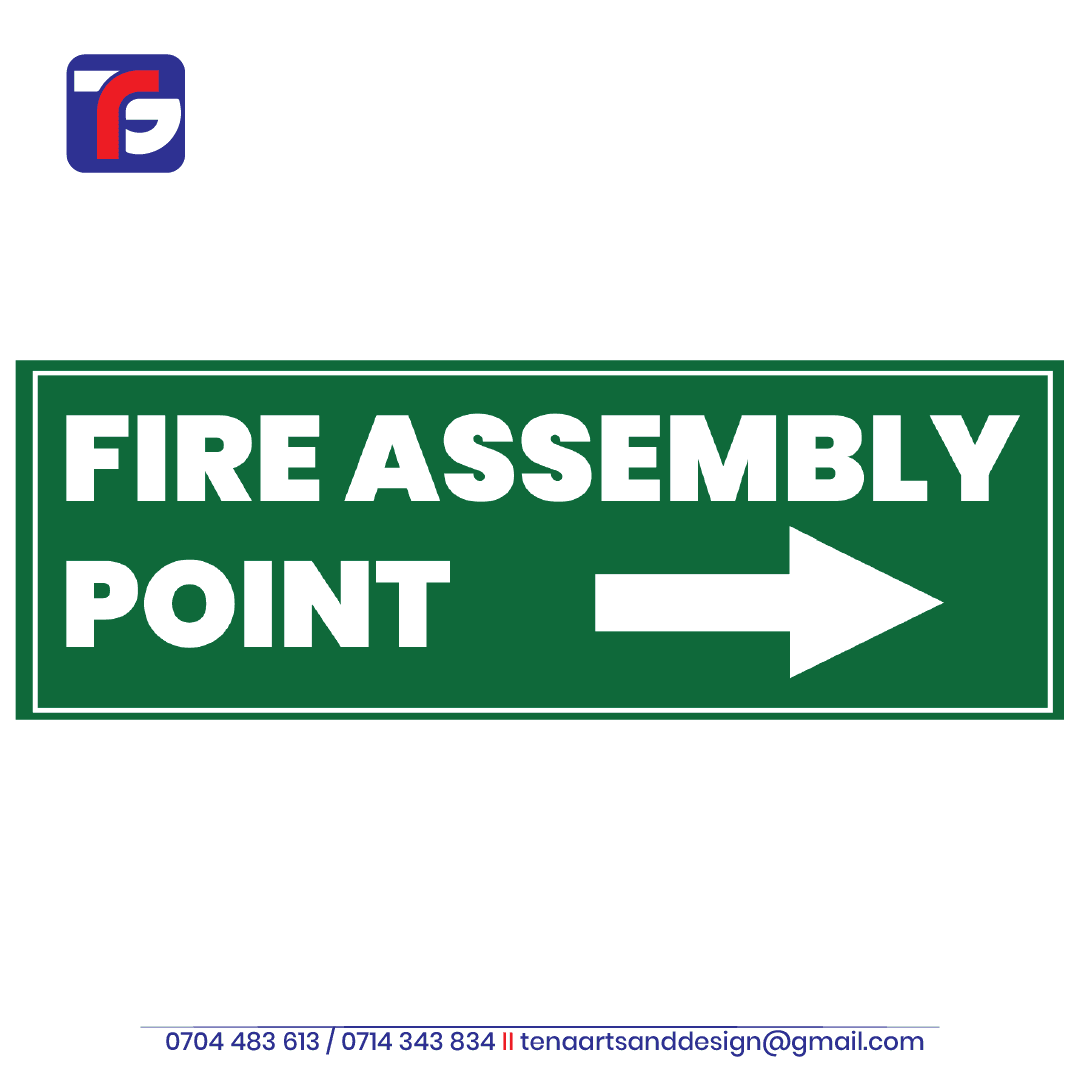Fire Assembly Point Right Arrow Sign with white lettering and a right-pointing arrow on a green background.