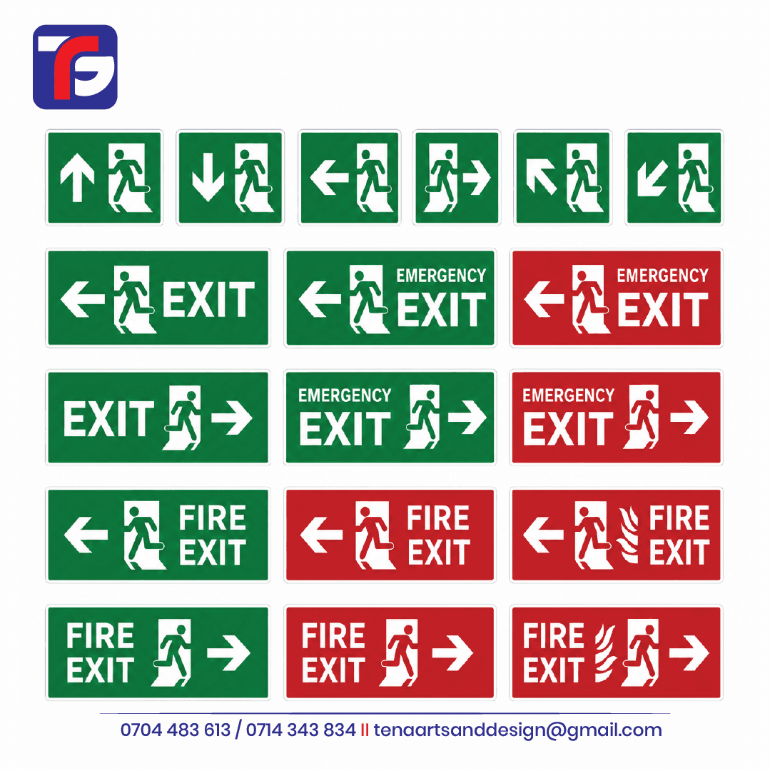 Fire Exit Sign collection with running-person symbols, directional arrows and exit wording in green-and-white and red-and-white layouts.