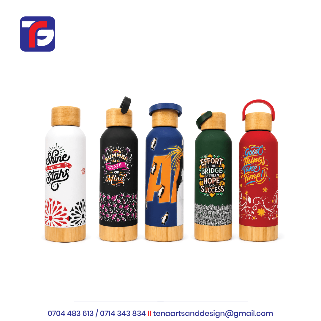 Five printed flasks in white, black, blue, green and red with decorative artwork, wood-look caps and matching base trim.