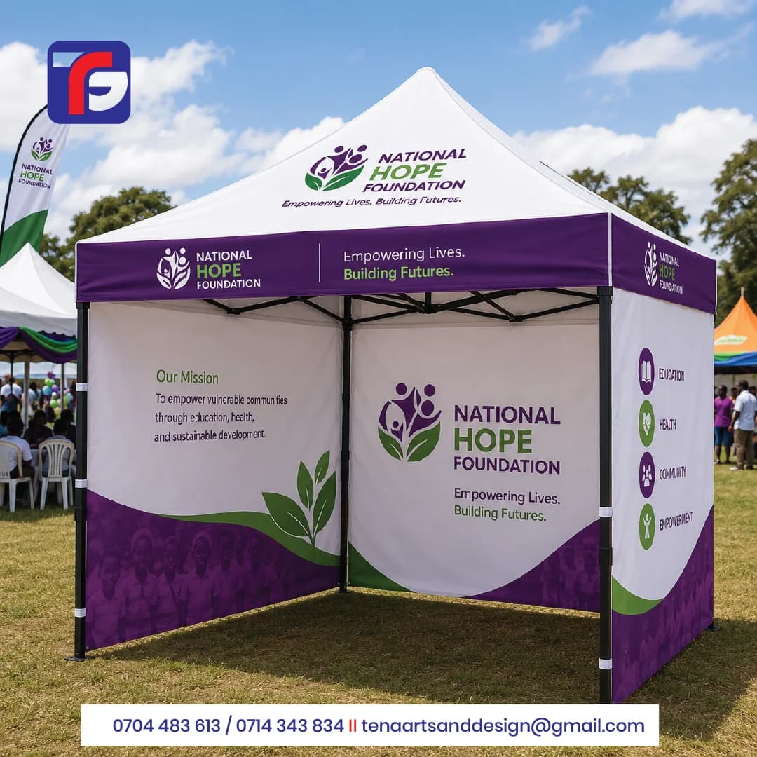 Promotional gazebo tent with a white canopy, purple borders and green National Hope Foundation branding on the roof and wall panels.