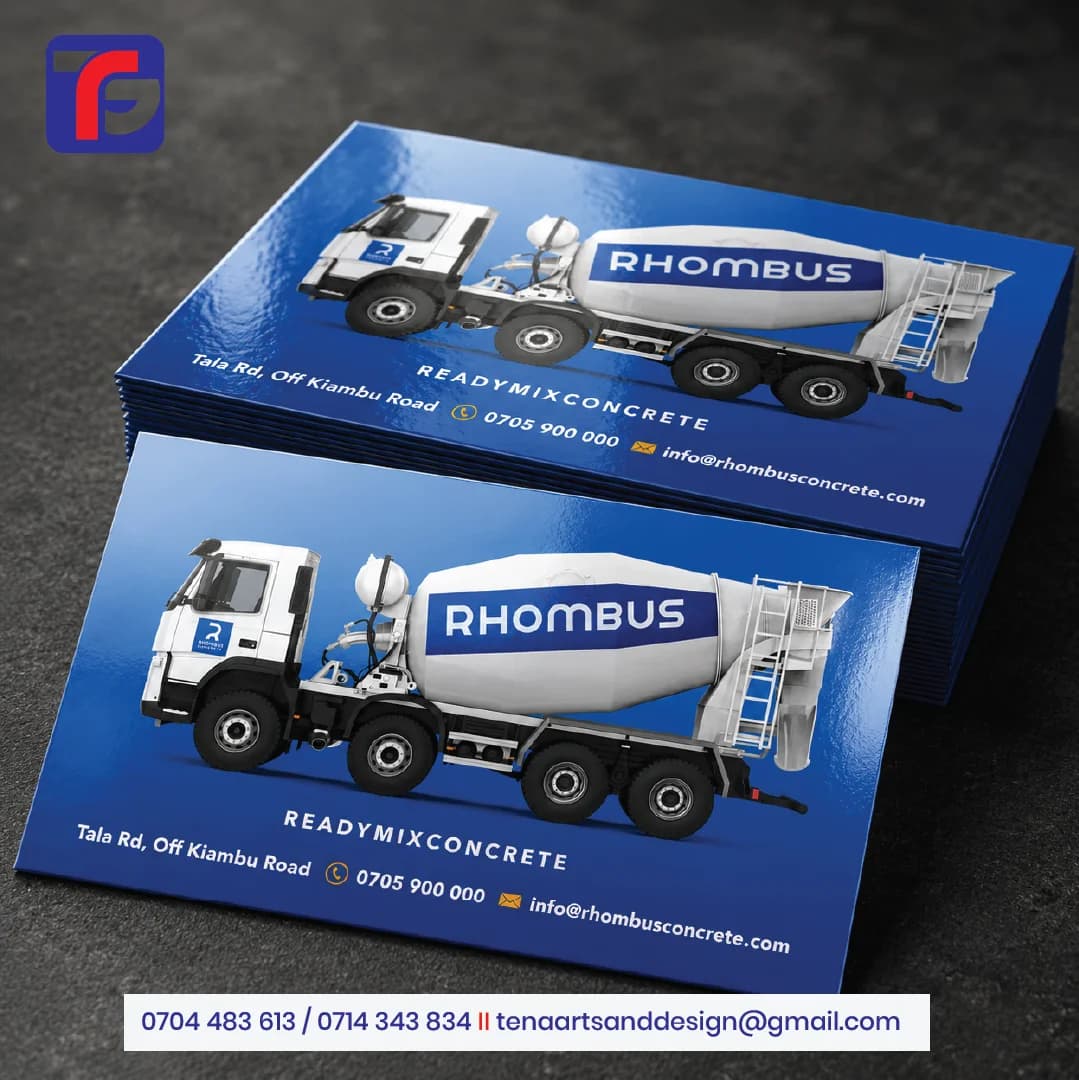 ue gloss laminated business cards with a Rhombus concrete mixer truck image, white service wording and contact details.
